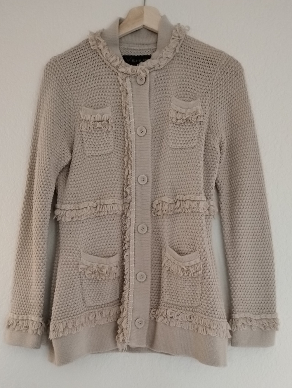 Neutral Beige Fringe-Trim Knit Cardigan Jacket - Picture 2 of 9